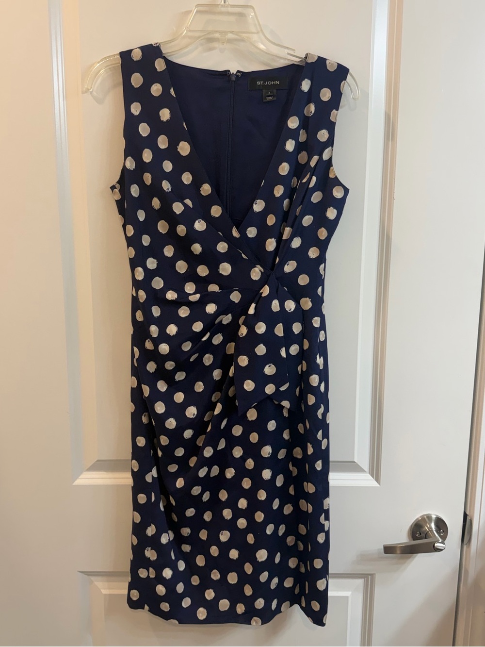 St. John Navy Silk Polka Dot Ruched Draped Sheath Dress Size 2 (Would fit a 4)